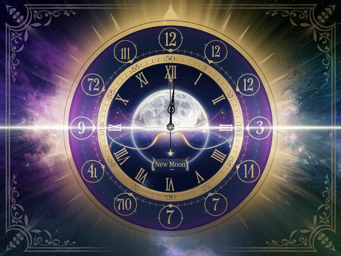 Clock showing 11:11 with new moon in the night sky, symbolizing the peak moment for lunar intention-setting