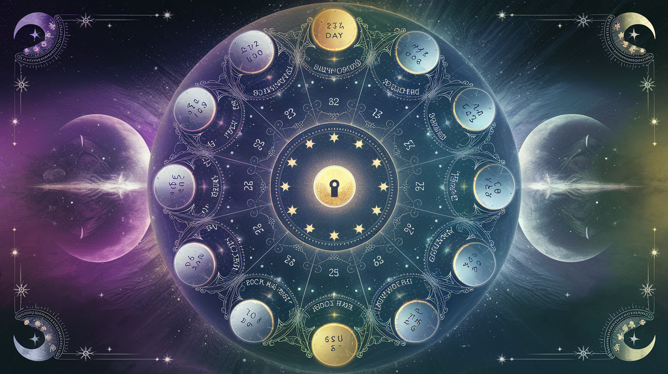 Complete lunar cycle showing energy flow from new moon through all phases with golden threads connecting each day