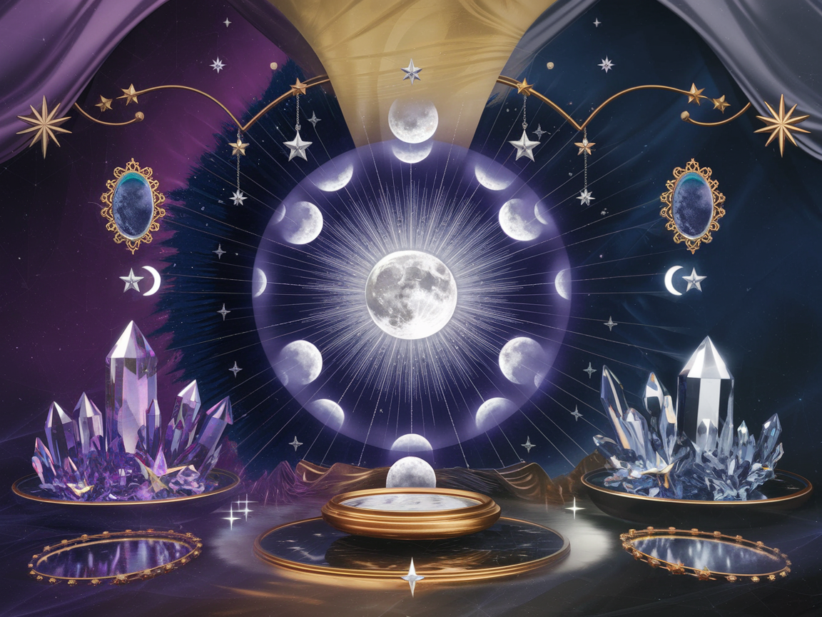 Five glowing crystals arranged in a circle with moon water, candles, and herbs, representing amplification techniques for new moon energy