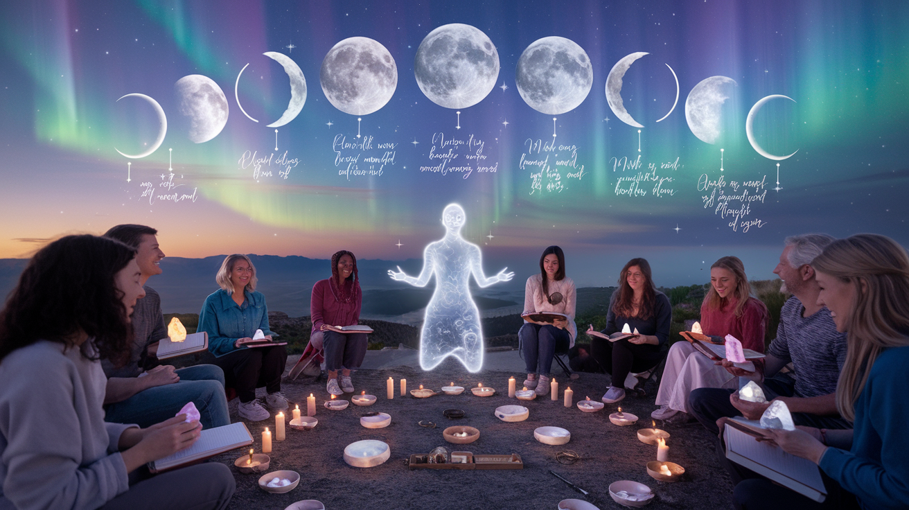 Busy person fitting manifestation into their daily routine with moon phases in the background