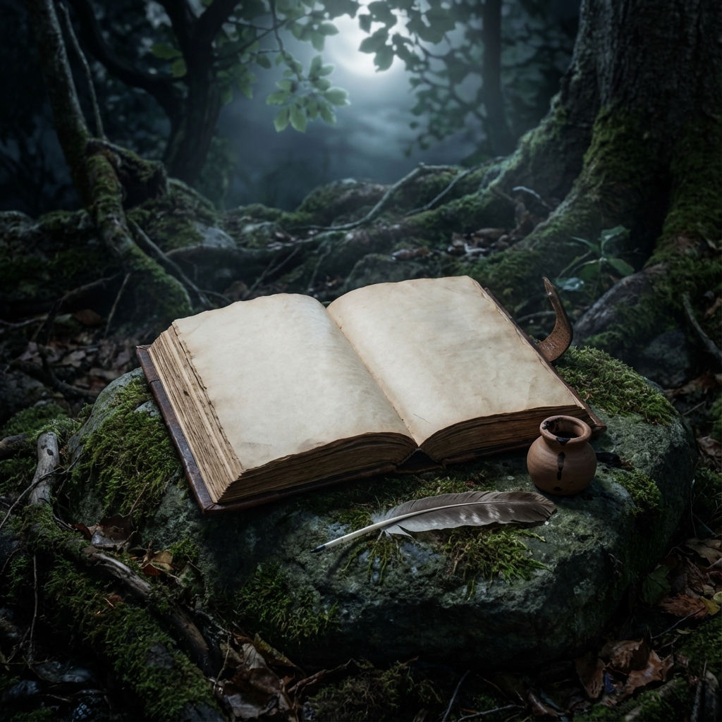 Ancient grimoire and writing tools on a mossy rock in a moonlit forest, representing the wisdom of lunar manifestation