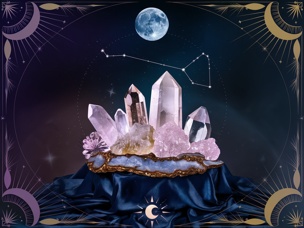 A gentle arrangement of moonstone, rose quartz, and selenite on a cream cloth beside a white candle - soft evening light creating a peaceful atmosphere