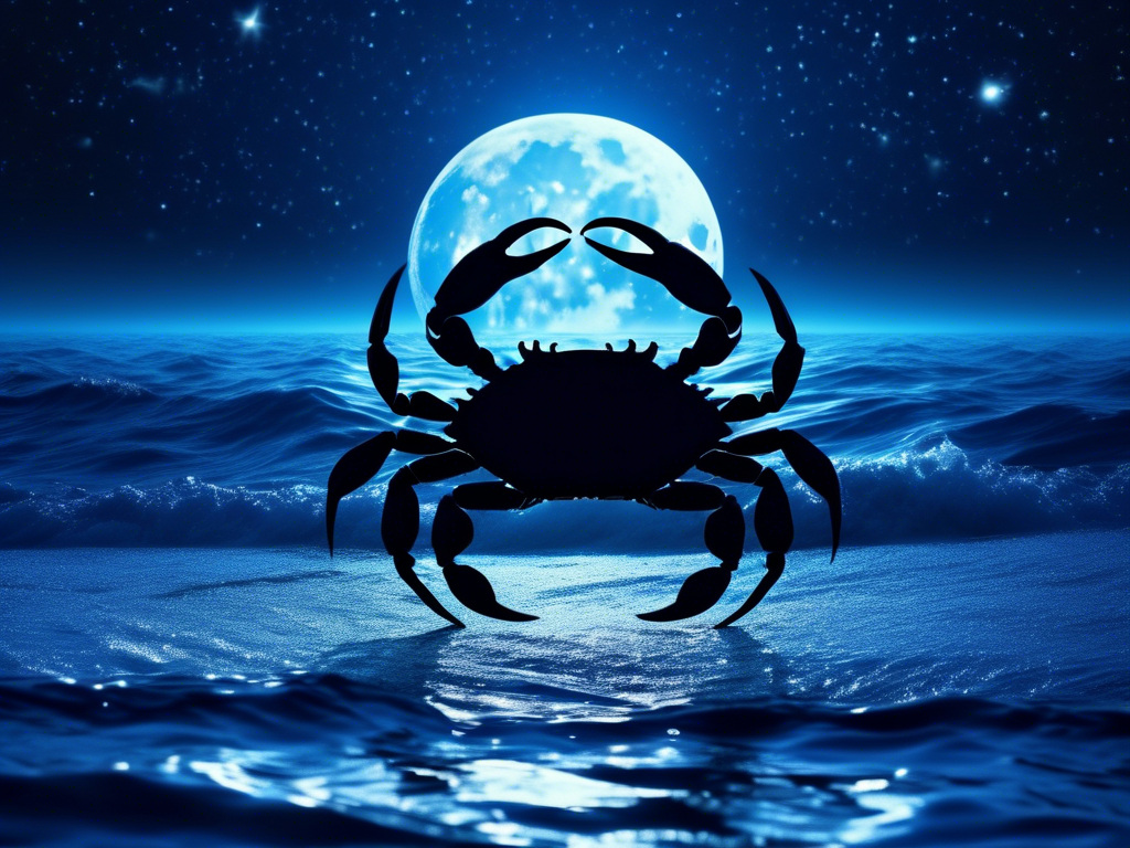 Woman in peaceful contemplation by water under moonlight with Cancer constellation visible in night sky