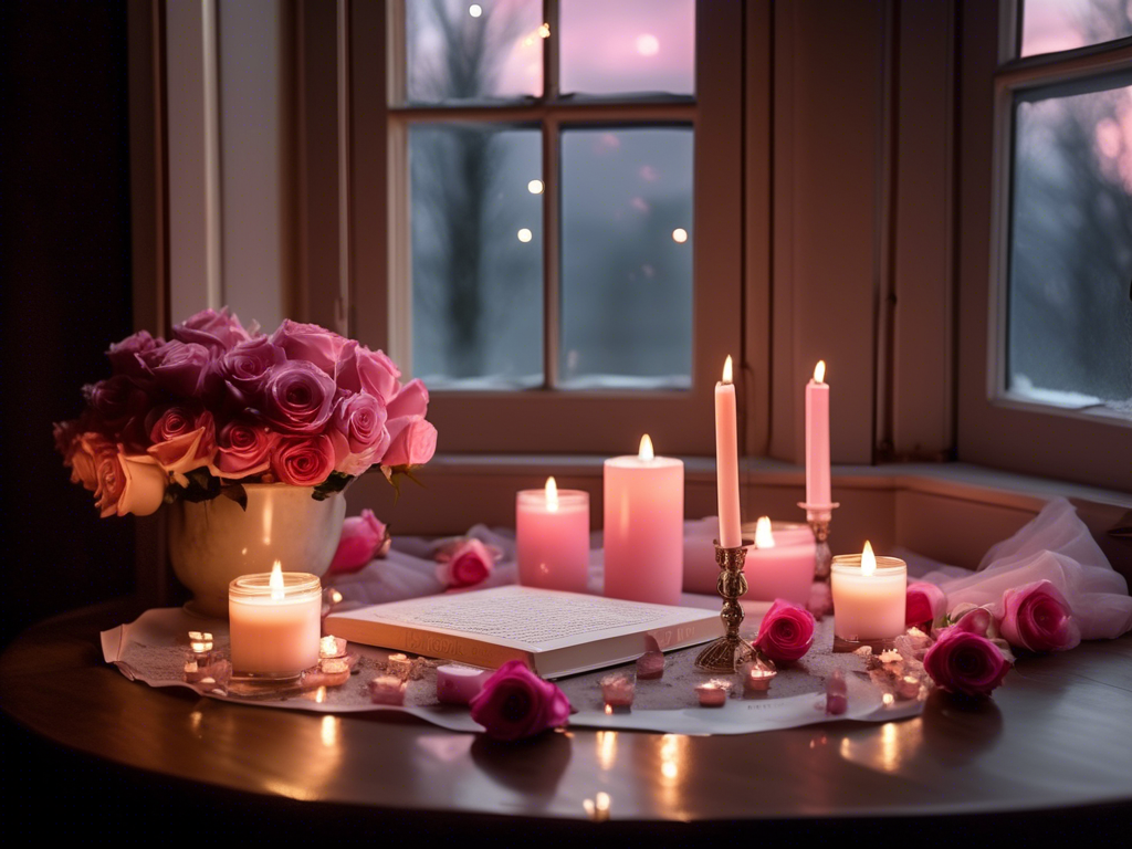 Soft candlelight illuminating rose petals and a journal, representing gentle emotional healing work