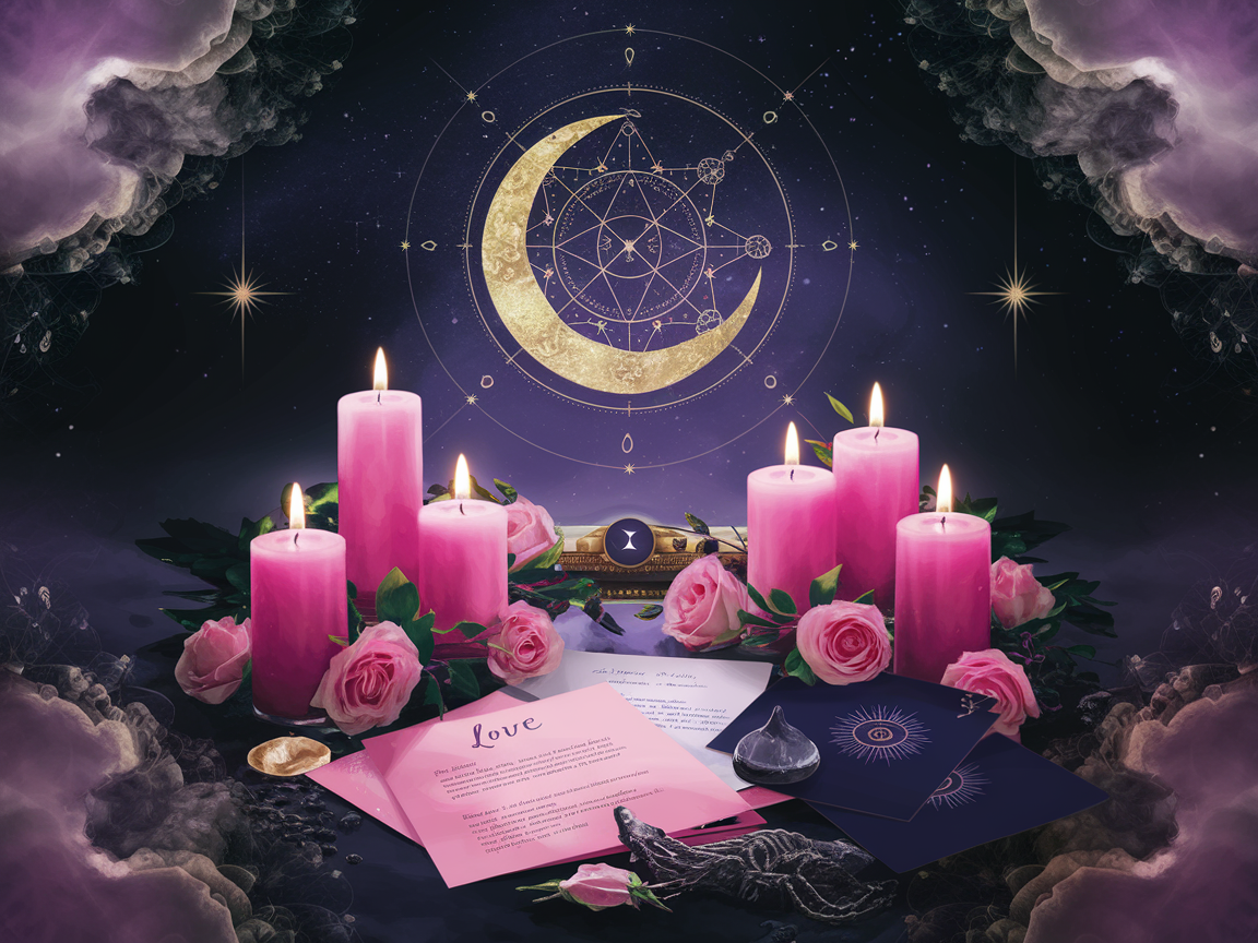 A gentle altar with a single candle, fresh flowers, and a journal under soft moonlight, representing self-reflection and emotional clarity