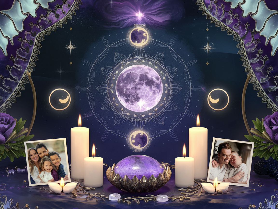 Ceremonial space with white candle, bowl of salt water, and moonstone for Cancer new moon mother wound healing ritual