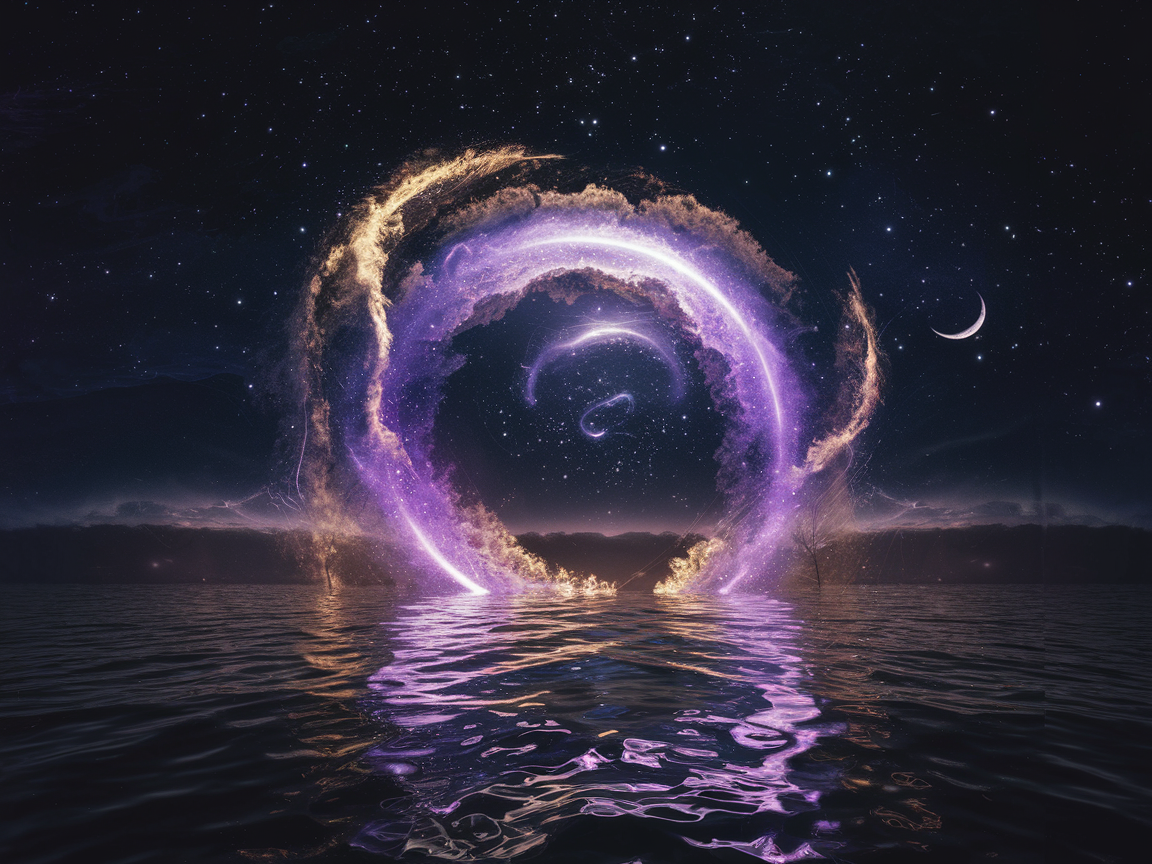Mystical Cancer new moon portal opening over peaceful waters, with cosmic energy swirling through an ethereal gateway under starlight