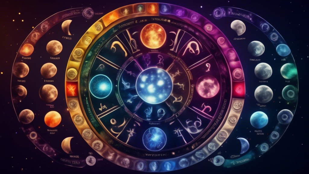 Zodiac wheel showing emotional characteristics of all 12 moon signs with lunar symbols