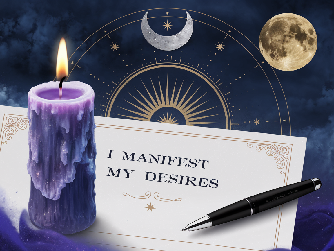 Simple candle ritual setup with journal and pen under moonlight, showing accessible new moon magic with everyday items