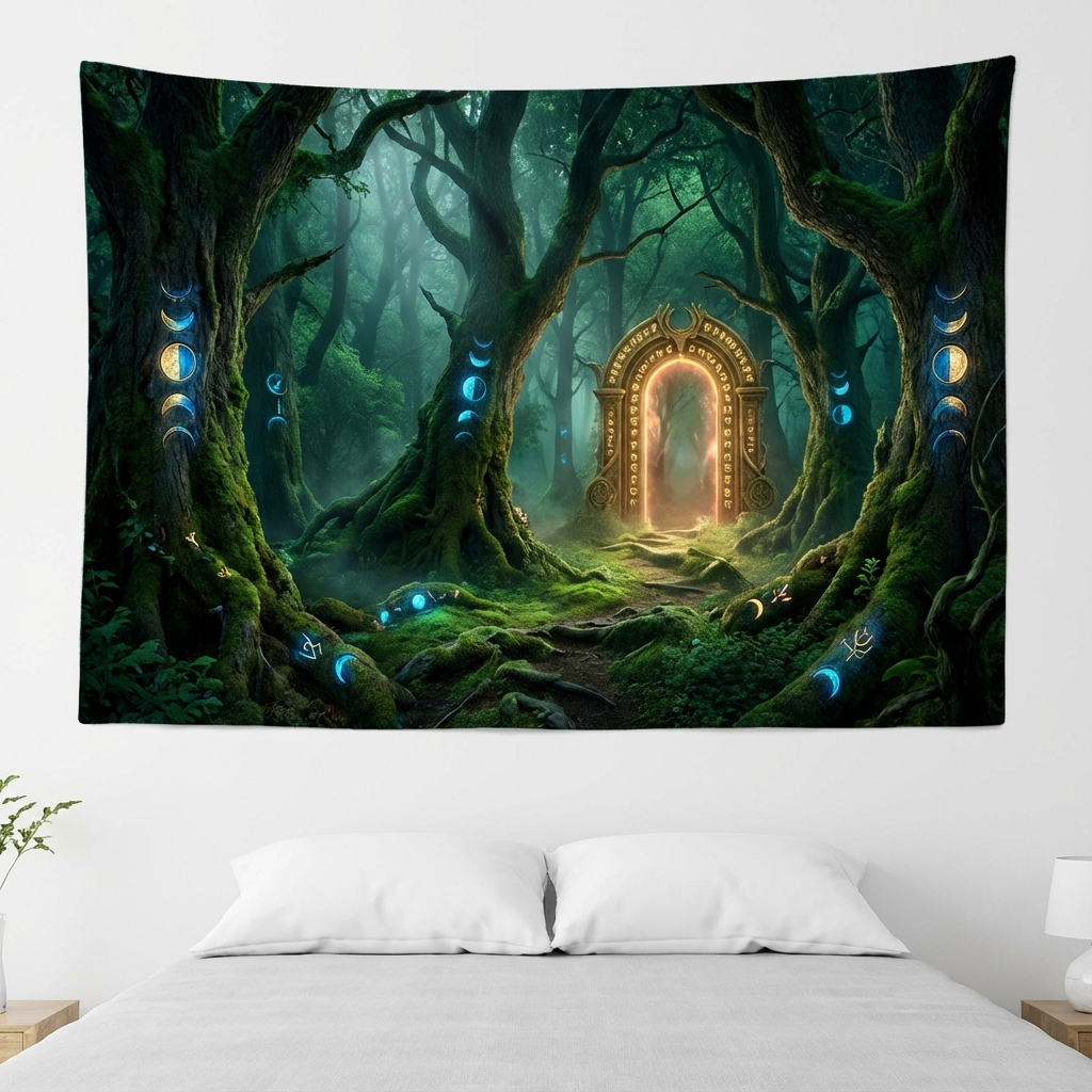 Mystical forest path illuminated by glowing moon phases leading to a golden gateway, a moonlit path through the forest