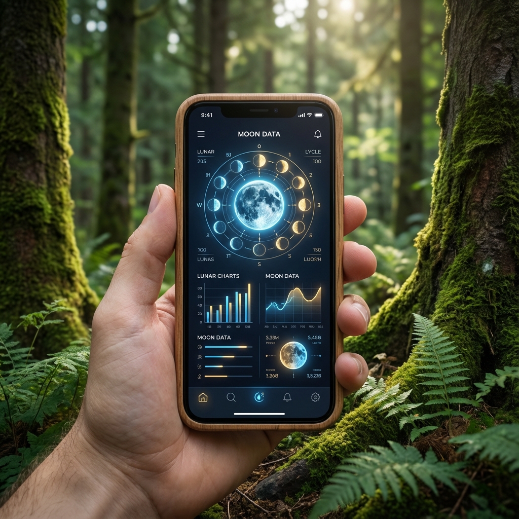 MoonManifest app showing lunar cycles and manifestation data on a phone held in a mystical forest