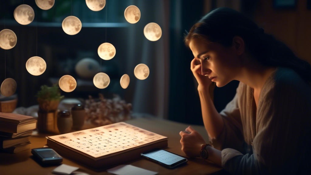 Woman reviewing a moon phase calendar, discovering alignment between lunar cycles and personal manifestation timing