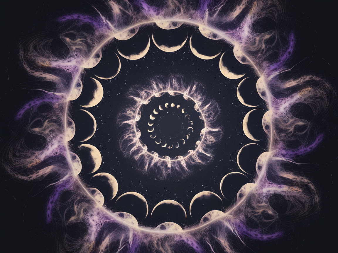 Diagram showing the eight moon phases as a continuous spiral representing the psychological rhythm of goal pursuit and habit formation