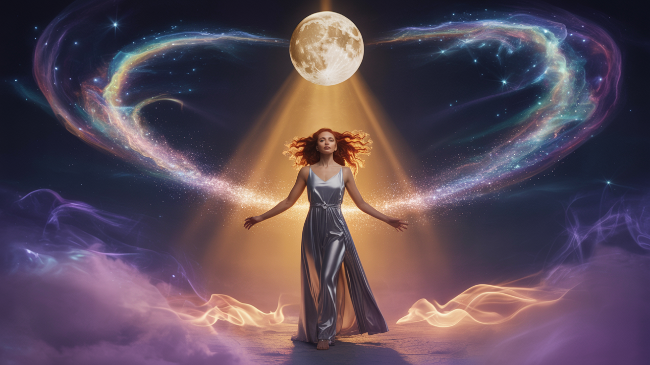 Woman moves forward with confidence under a glowing first quarter moon, representing breakthrough and decisive action in manifestation