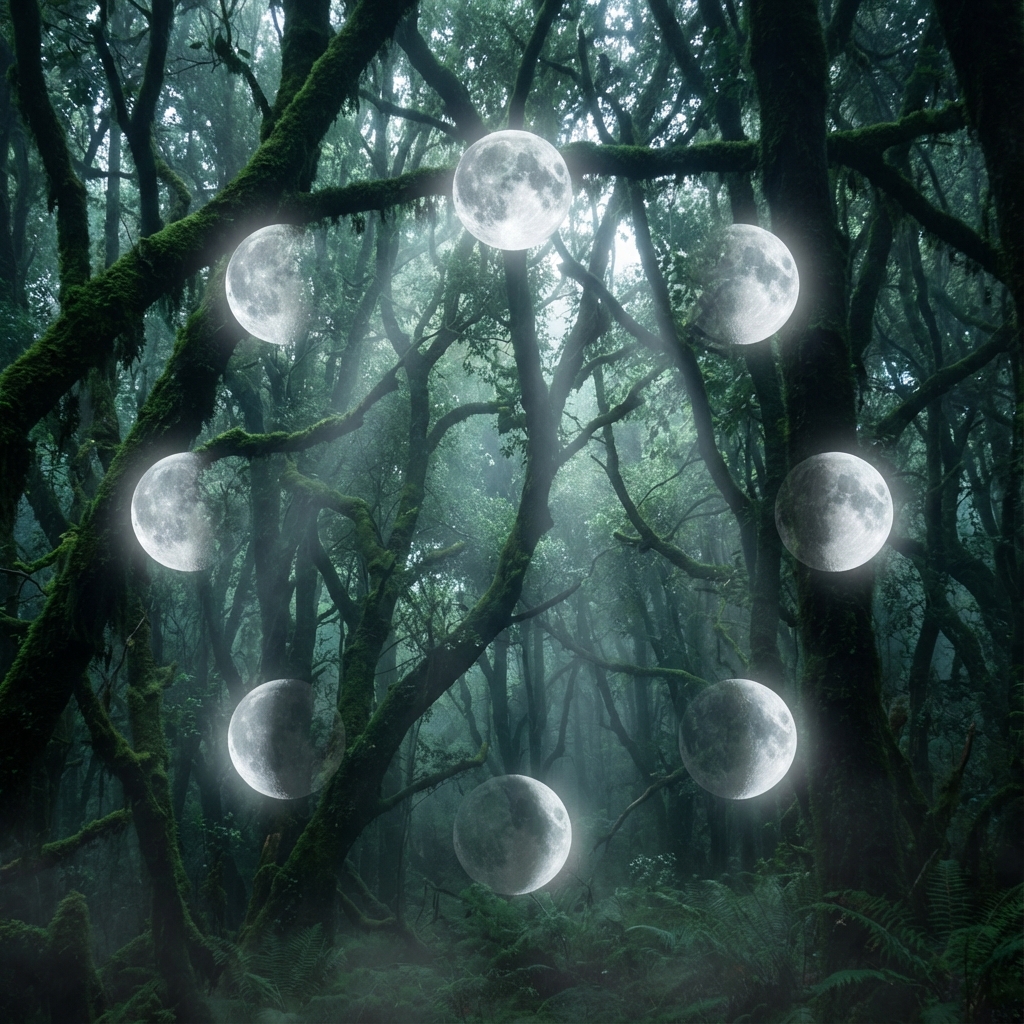 The eight phases of the moon glowing in a circle above an ancient forest canopy, representing the lunar cycle