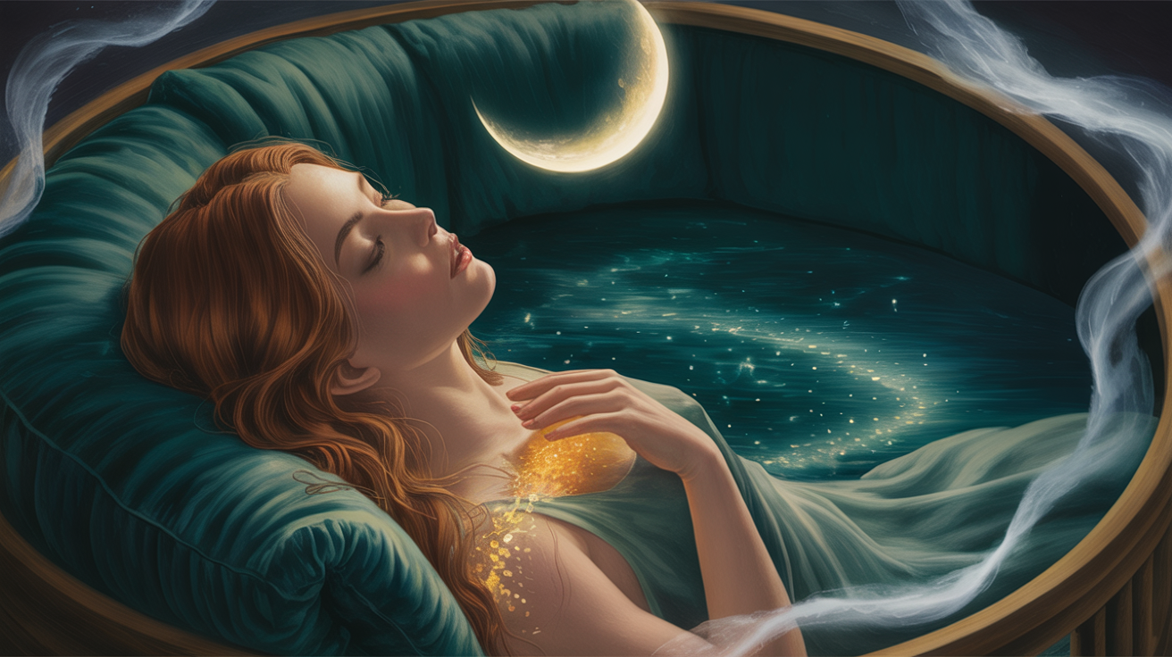 A tranquil woman rests under a glowing waning crescent moon, surrounded by mystical colors, radiating hope and transformation.