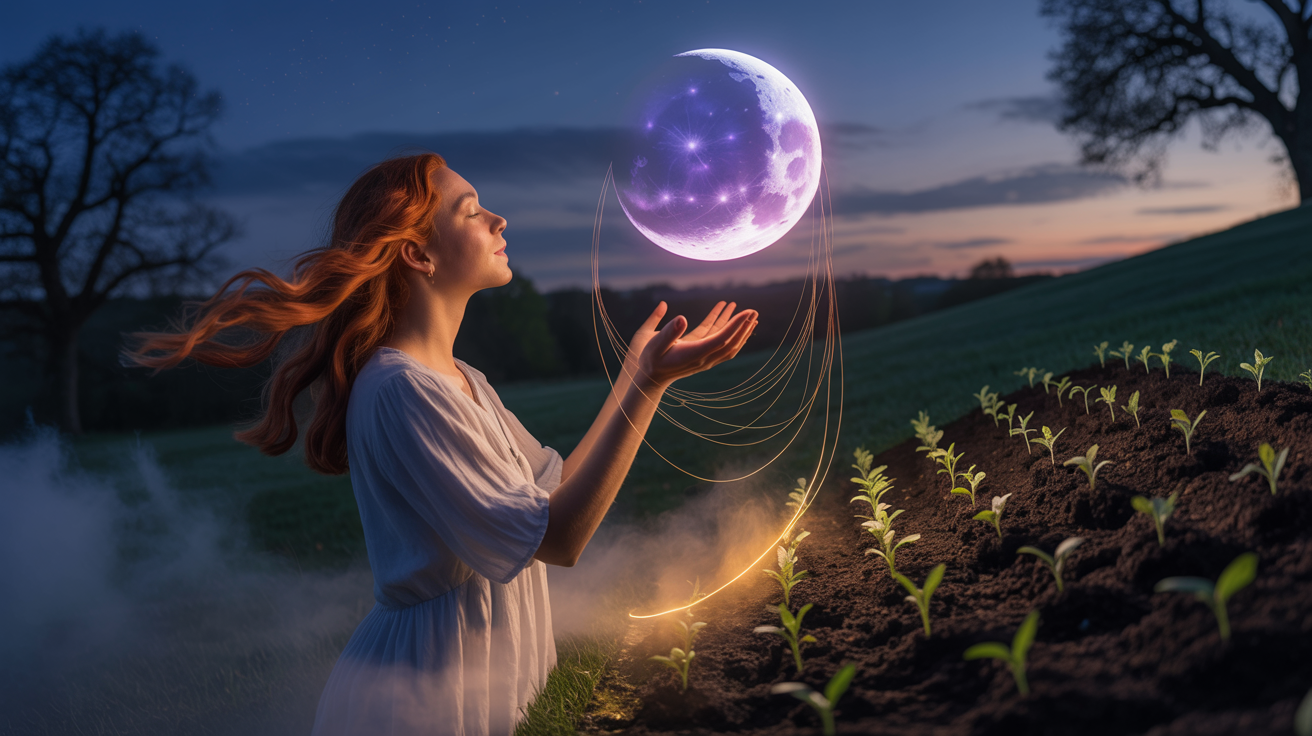 Woman bathed in moonlight takes hopeful first steps as seedlings sprout under a crescent moon, evoking growth and transformation.