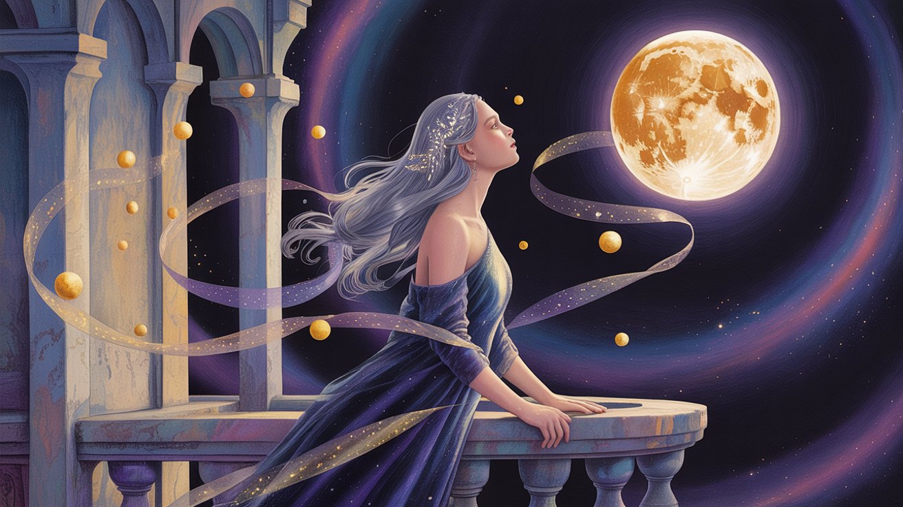 Contemplative woman under a waxing gibbous moon, surrounded by golden light, evoking clarity, alignment, and hopeful transformation.