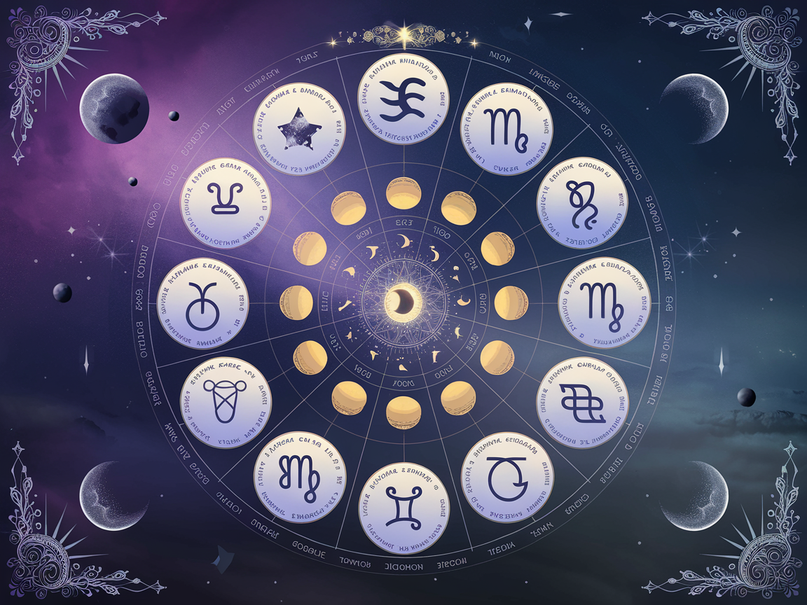 Zodiac wheel overlaid with golden coins and lunar phases showing money energy flow