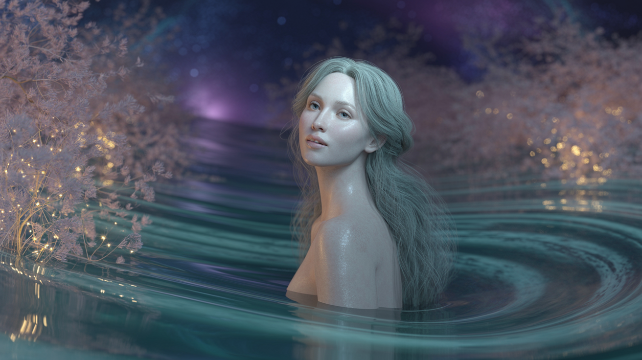 Cancer Moon Sign - A nurturing woman surrounded by water and moonlight, representing the intuitive and protective nature of this placement