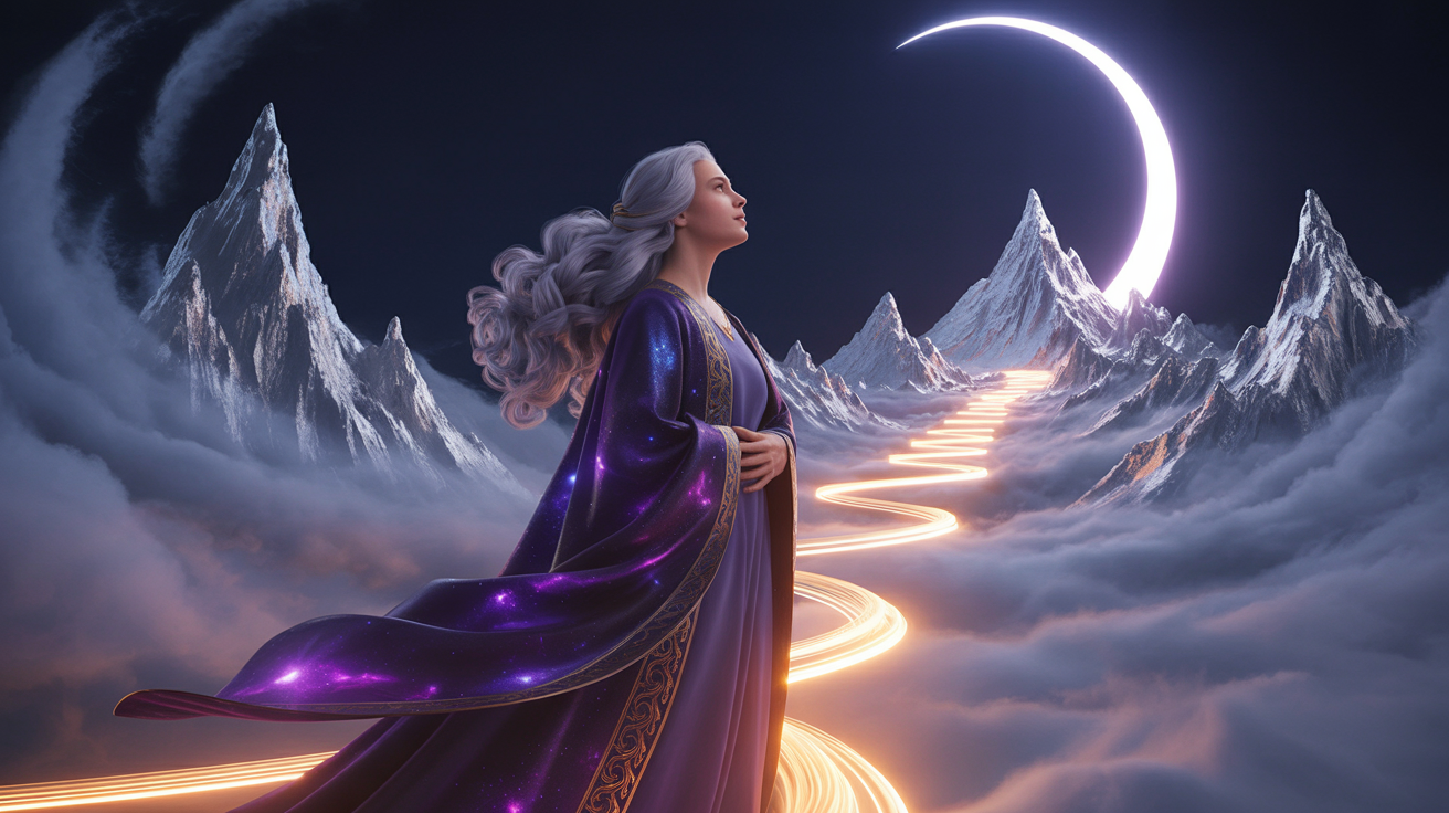 A determined woman ascending a moonlit mountain path, representing the Capricorn moon's disciplined emotional journey toward mastery