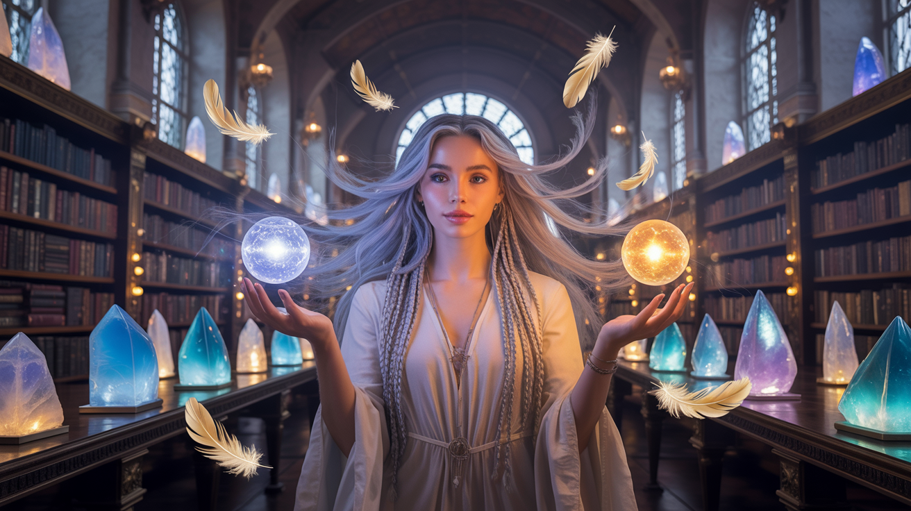 Gemini Moon Sign - A curious woman surrounded by symbols of communication and duality