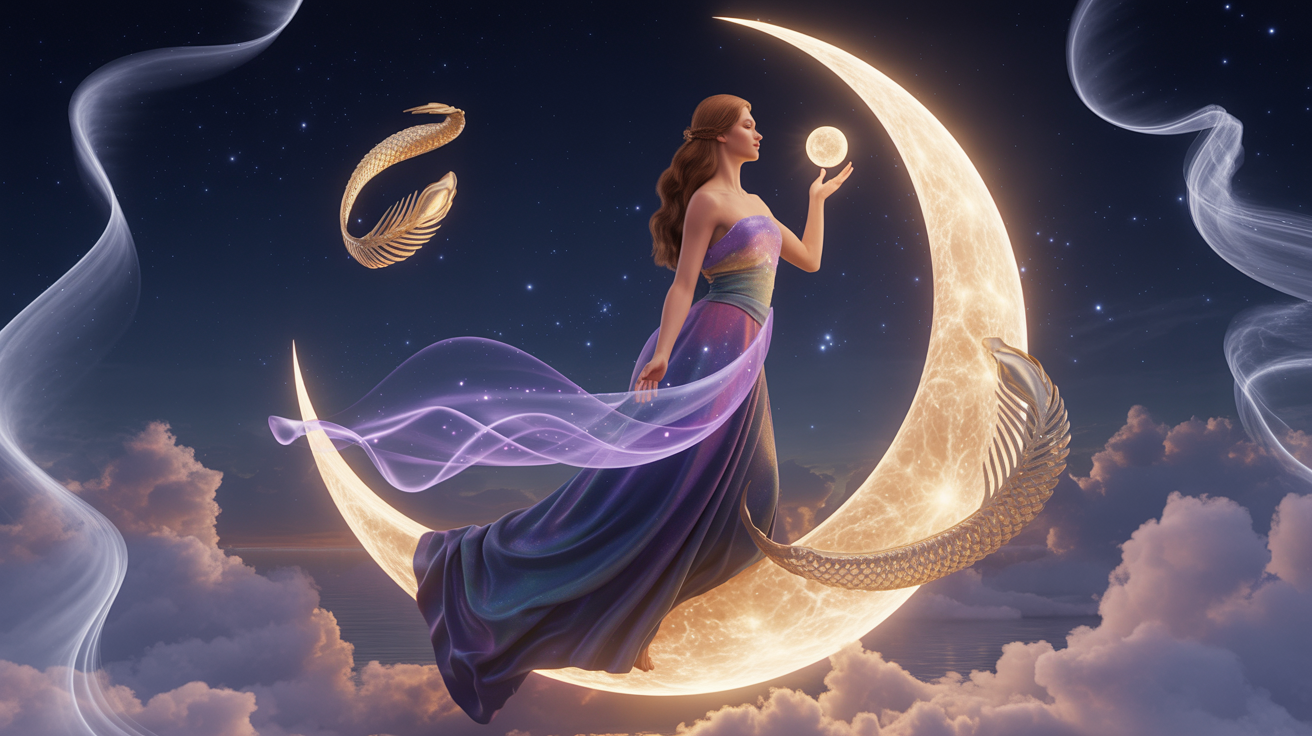 Libra Moon - A graceful figure balancing on a crescent moon surrounded by balanced scales and soft golden light