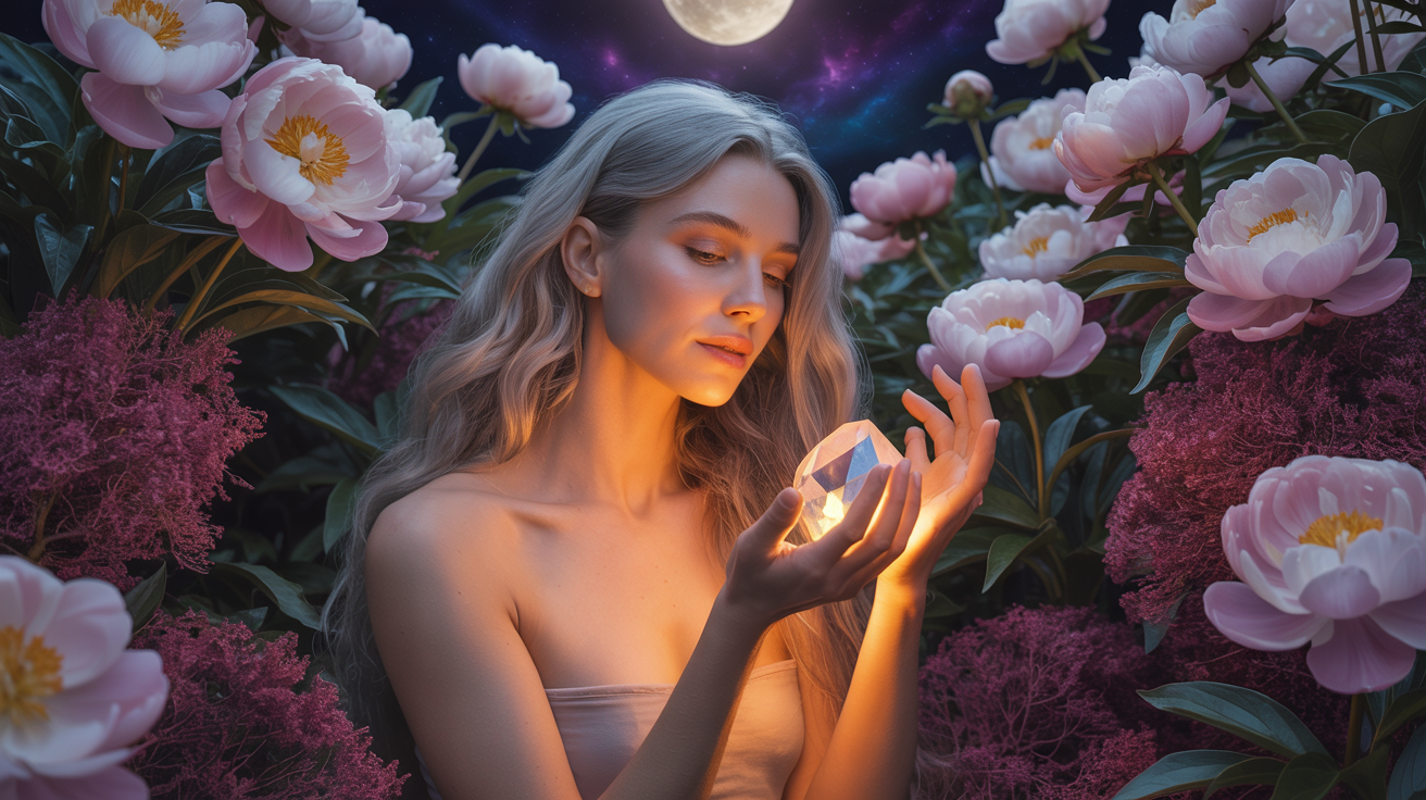 Taurus Moon Sign - A serene woman in a moonlit garden surrounded by lush plants and earthly comforts