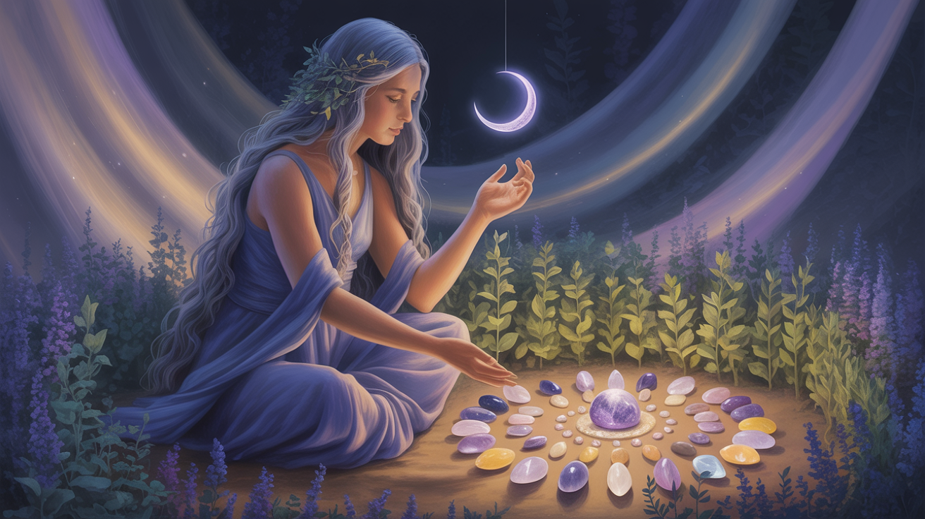Virgo Moon Sign - A serene woman in an organized garden surrounded by healing herbs under moonlight