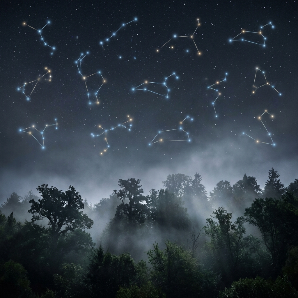 Twelve zodiac constellations glowing in the night sky above a dark forest, representing the cosmic connection of moon signs