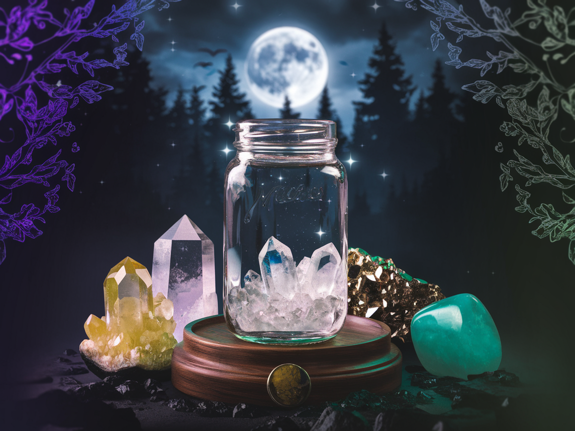Glass vessel of water glowing under moonlight, surrounded by citrine and green aventurine crystals, with golden light reflecting through the water