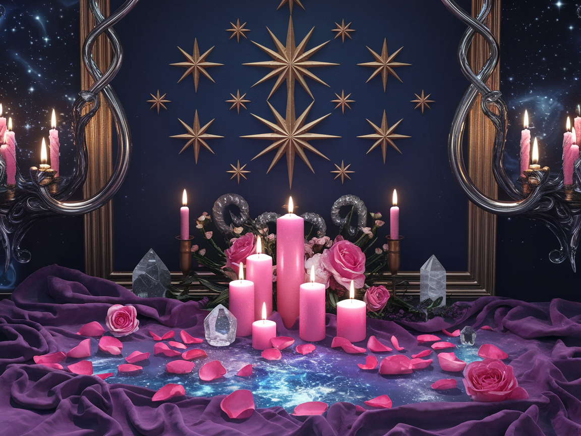 New moon ritual setup with candles and crystals in a contemplative setting