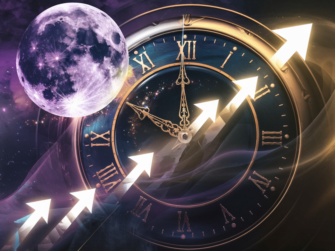 Mystical portal of swirling cosmic energy with moon phases, representing the ongoing manifestation window after a new moon