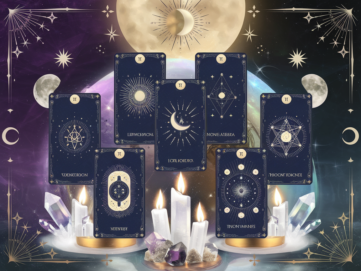 Sacred tarot spread in crescent moon formation with seven cards, white candles, and crystals arranged for new moon intention setting