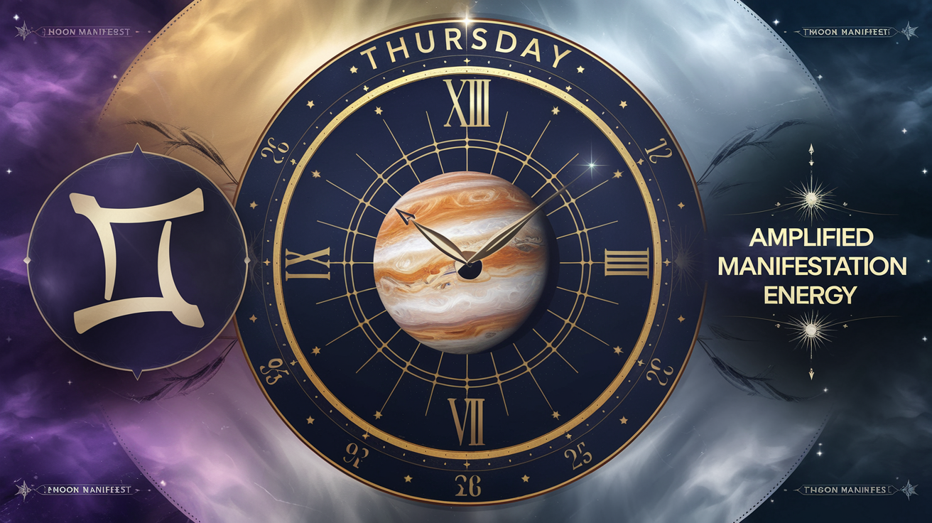 Jupiter's expansive energy merging with crescent moon during magical Thursday power hour