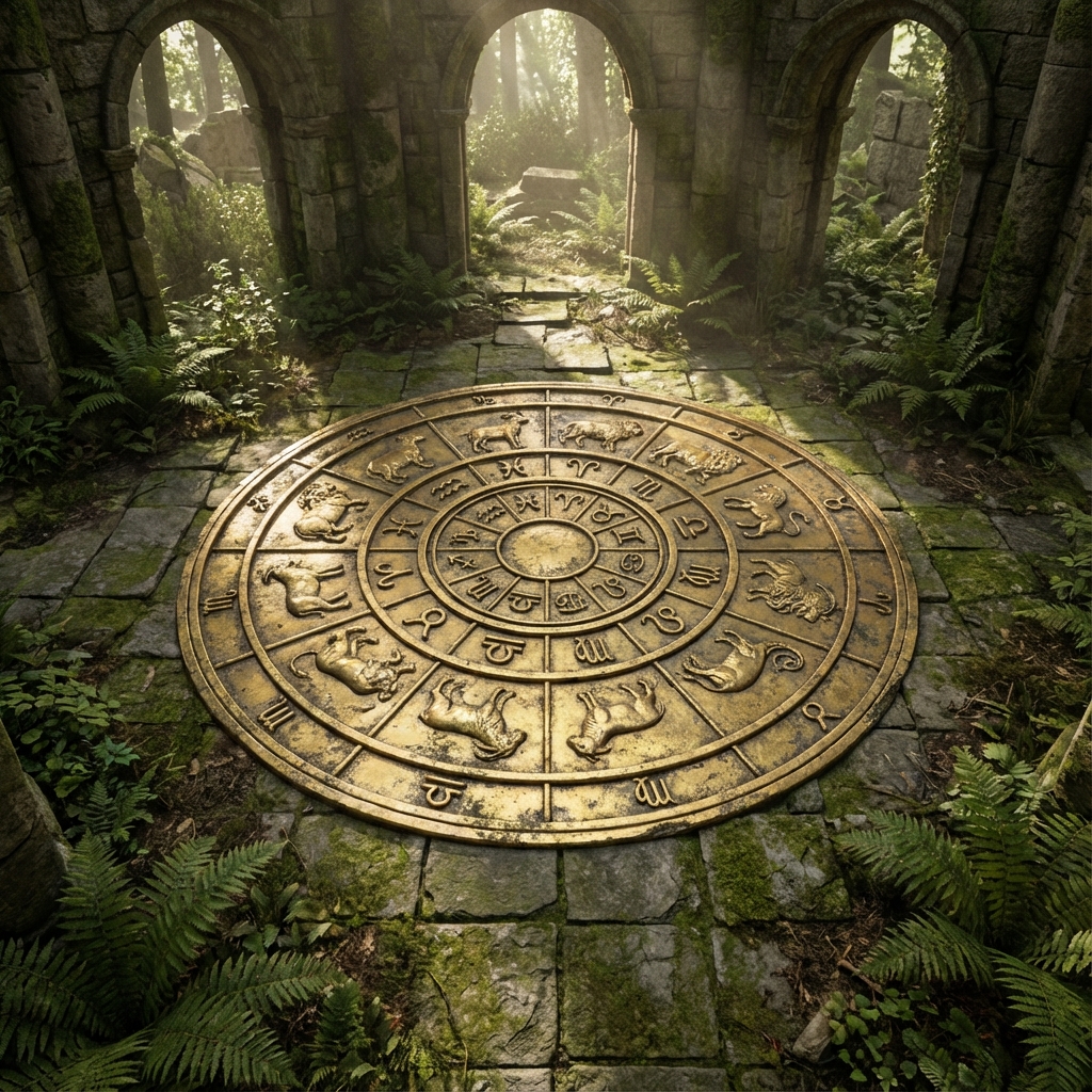 Ancient golden zodiac wheel on a forest temple floor, representing the grounding power of zodiac signs in manifestation