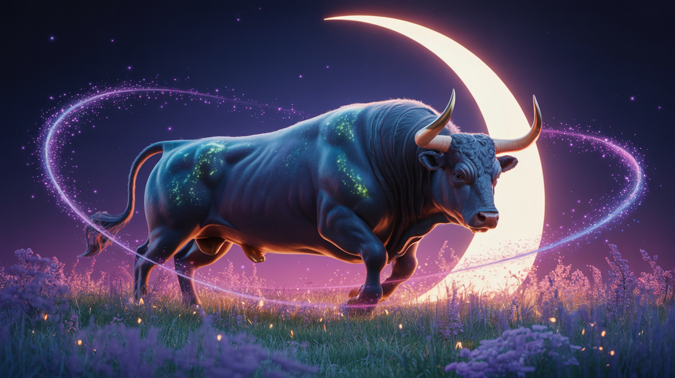 Mystical Taurus bull in a celestial meadow surrounded by spring blossoms and moonlight, representing the grounded sensuality of this earth sign